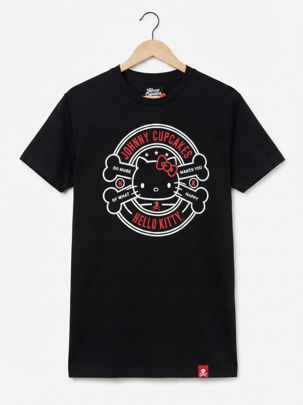 Johnny Cupcakes Black Tee with Hello Kitty Skull Graphic in Red and White